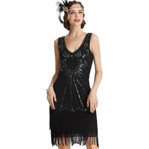BABEYOND Women's Flapper Dress1920s V Neck Beaded Fringed Great Gatsby Black